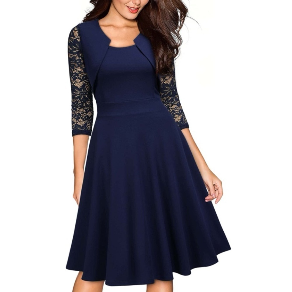 Miusol Womens Size XL Navy Blue 3/4 Lace Sleeves Fit Flare Midi Swing Dress